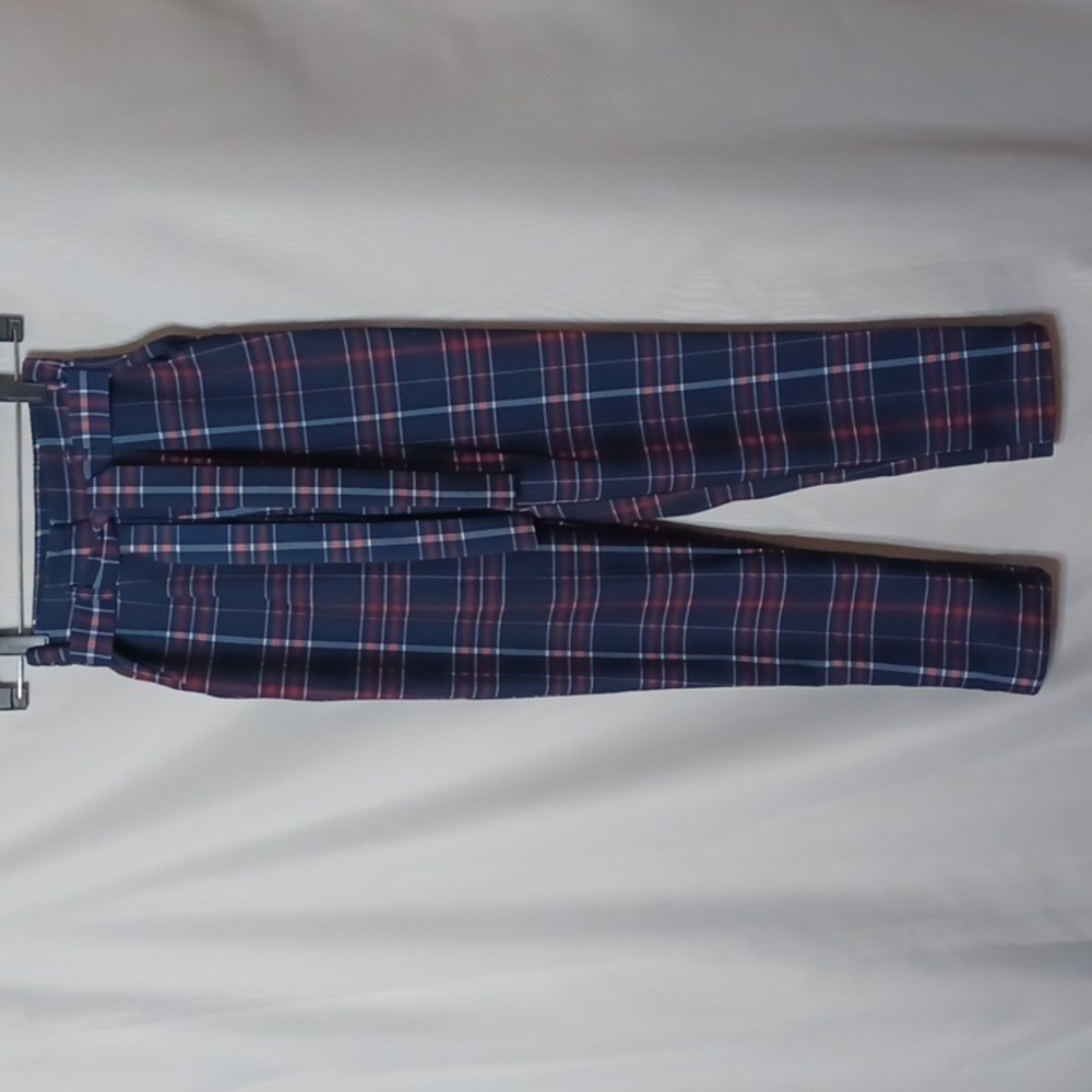 Urban Heritage Girl's Navy Plaid Pleated Pants With Elastic Waist Tie Belt.  XS